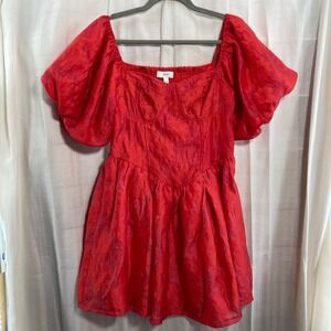 AEOM Red Floral Jacquard Puff Sleeve Square Neck Mini Dress M Romantic Date Nite